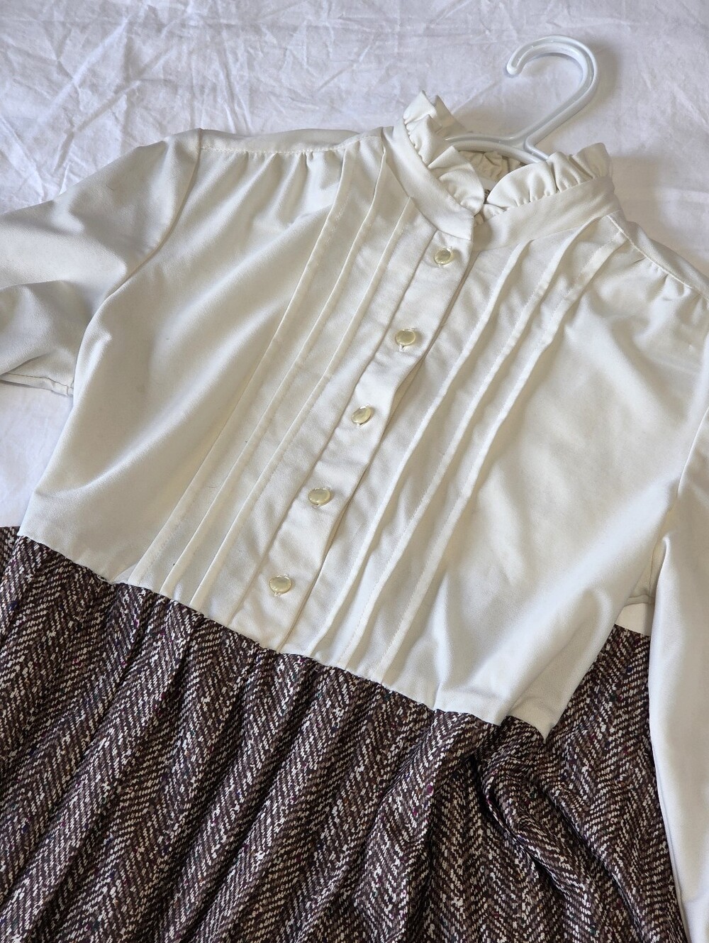 Vintage 70s London Montreal 2pc Dress+Vest Set Ruffle Collar Tweed Print Sz Med